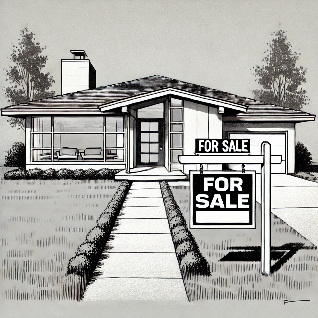 Equitable Distribution of Marital Property Black and white illustration of a mid-century modern suburban home with a “For Sale” sign, representing equitable distribution of marital property during a divorce.